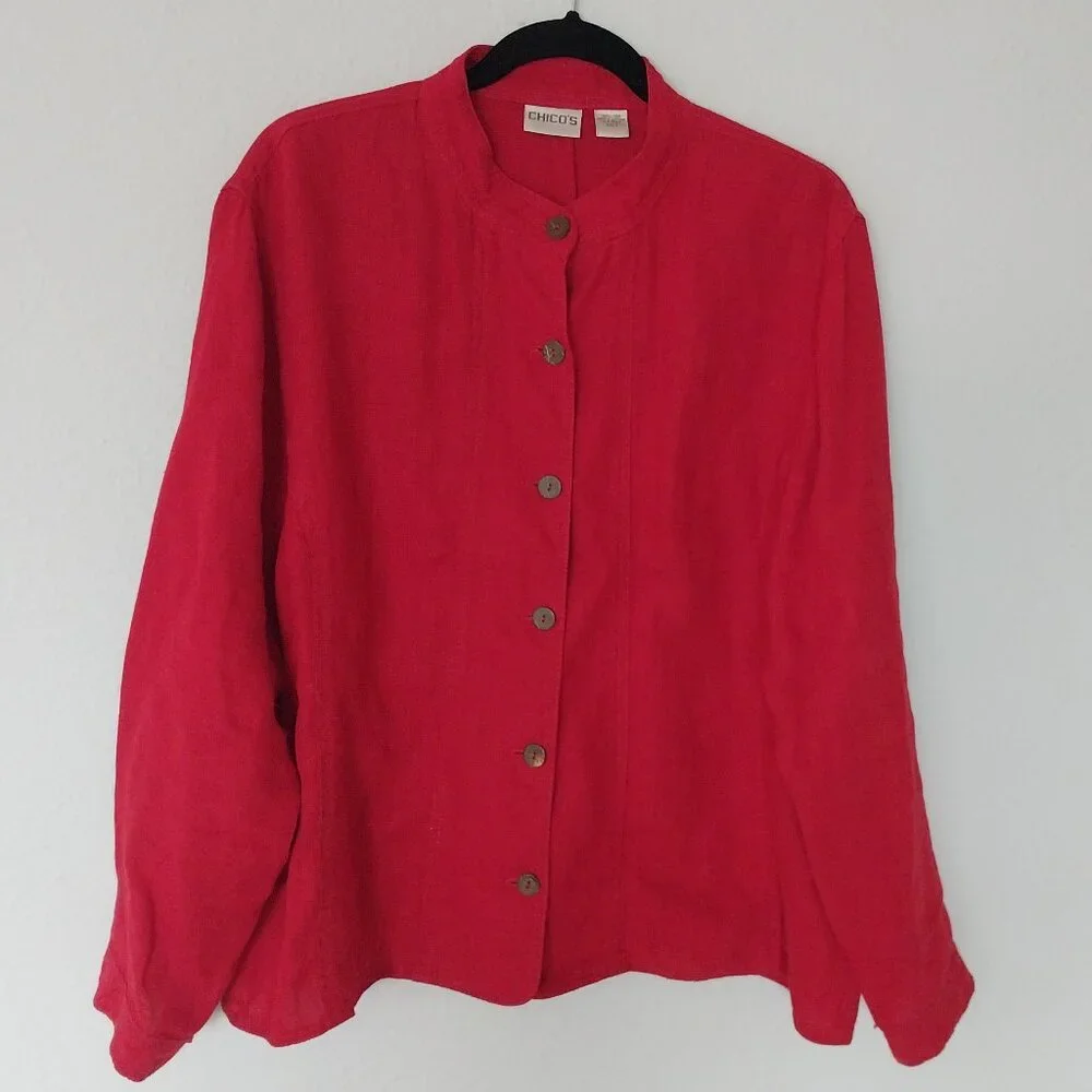 Chico's Red 100% Linen Long Sleeve Button Down Shacket NWOT.